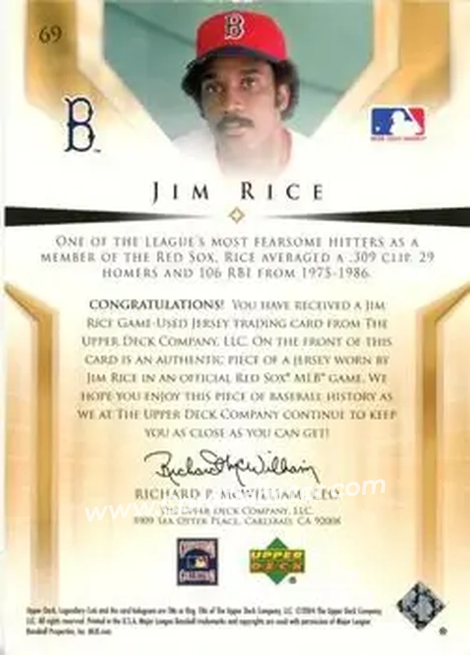 2004 SP Legendary Cuts - Significant Fact Memorabilia #69 - Jim Rice - Boston Red Sox - Back