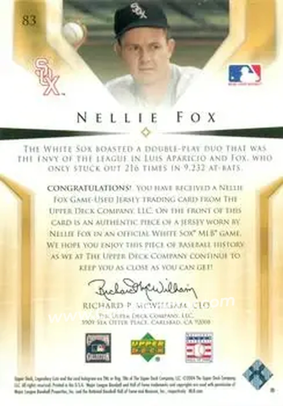 2004 SP Legendary Cuts - Significant Fact Memorabilia #83 - Nelson Fox - Chicago White Sox - Back