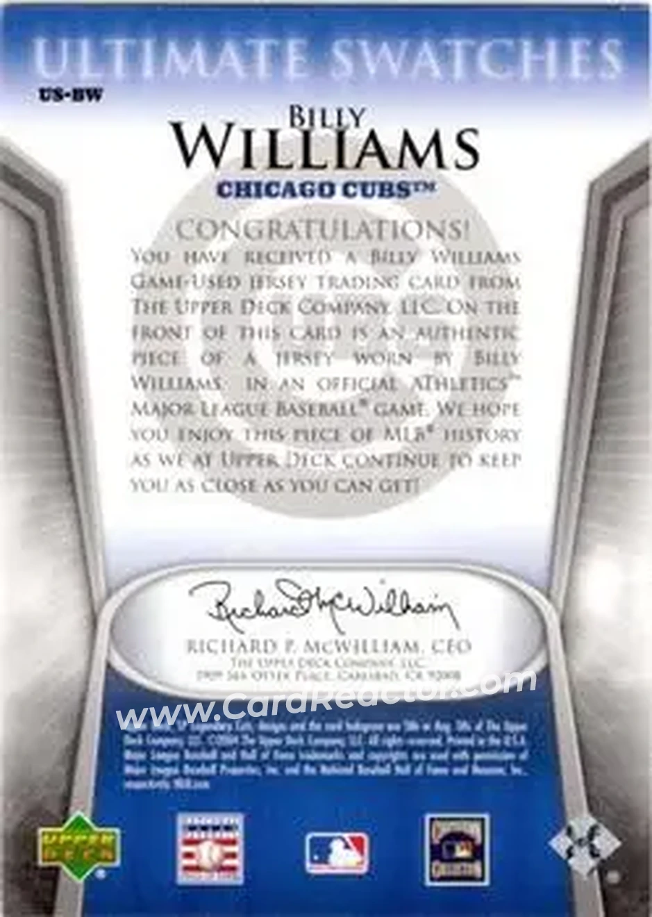 2004 SP Legendary Cuts - Ultimate Swatches #US-BW - Billy Williams - Chicago Cubs - Back