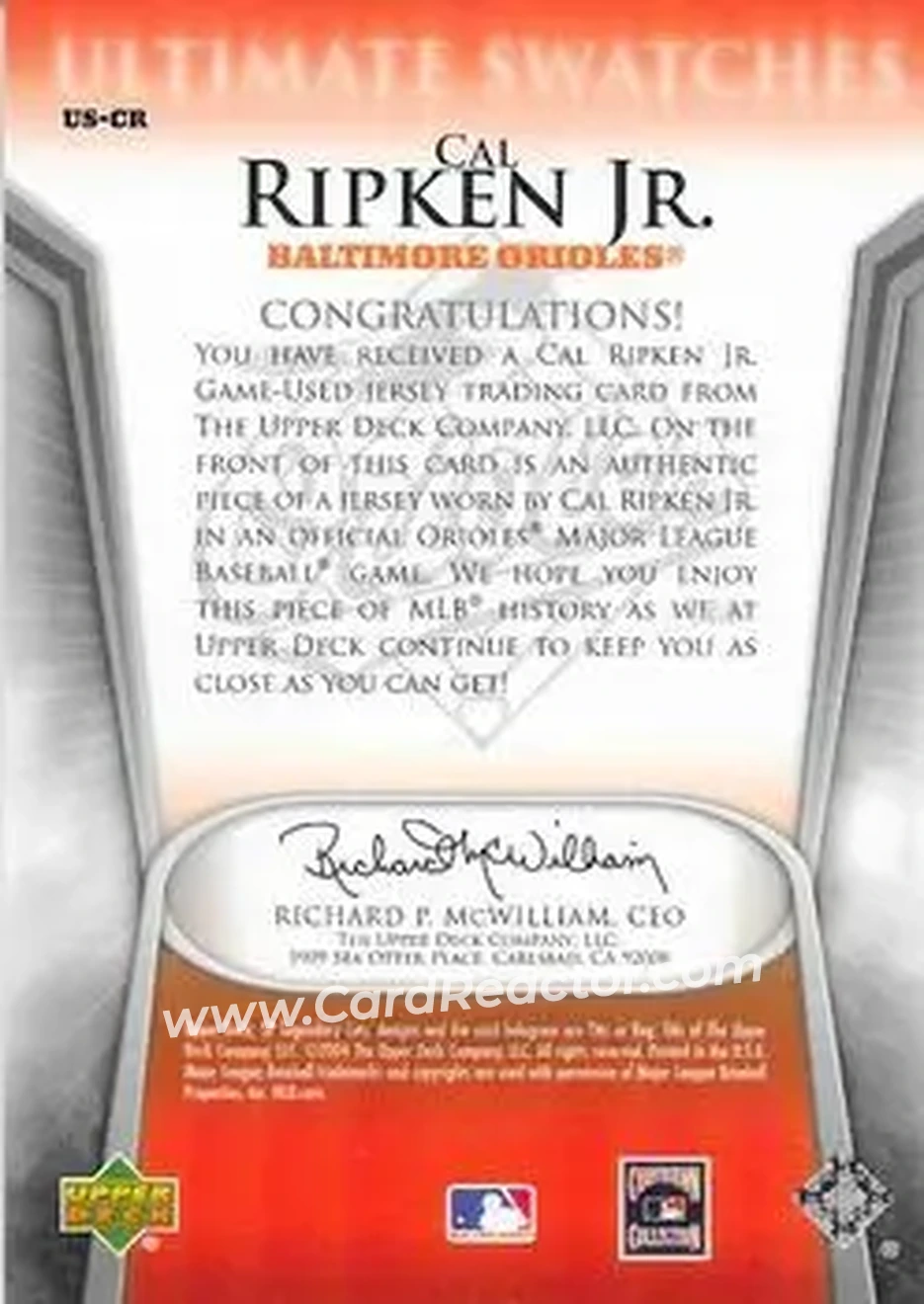 2004 SP Legendary Cuts - Ultimate Swatches #US-CR - Cal Ripken - Baltimore Orioles - Back 2004 SP Legendary Cuts - Ultimate Swatches #US-CR - Cal Ripken - Baltimore Orioles - Back