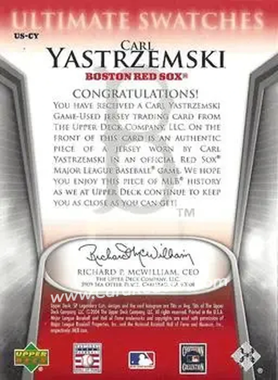 2004 SP Legendary Cuts - Ultimate Swatches #US-CY - Carl Yastrzemski - Boston Red Sox - Back
