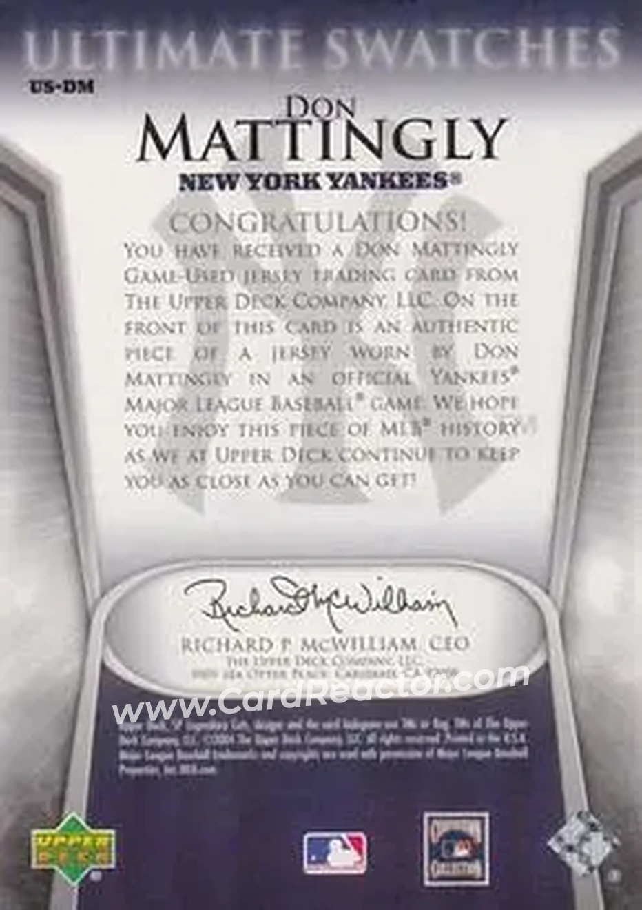 2004 SP Legendary Cuts - Ultimate Swatches #US-DM - Don Mattingly - New York Yankees - Back