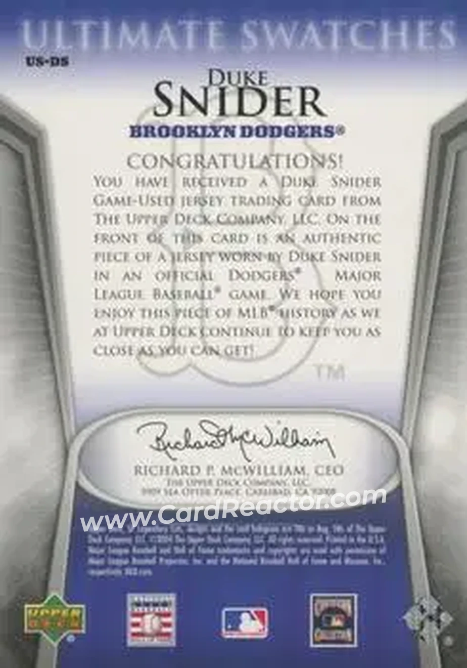 2004 SP Legendary Cuts - Ultimate Swatches #US-DS - Edwin "Duke" Snider - Brooklyn Dodgers - Back 2004 SP Legendary Cuts - Ultimate Swatches #US-DS - Edwin "Duke" Snider - Brooklyn Dodgers - Back