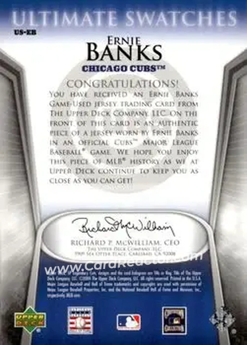 2004 SP Legendary Cuts - Ultimate Swatches #US-EB - Ernie Banks - Chicago Cubs - Back