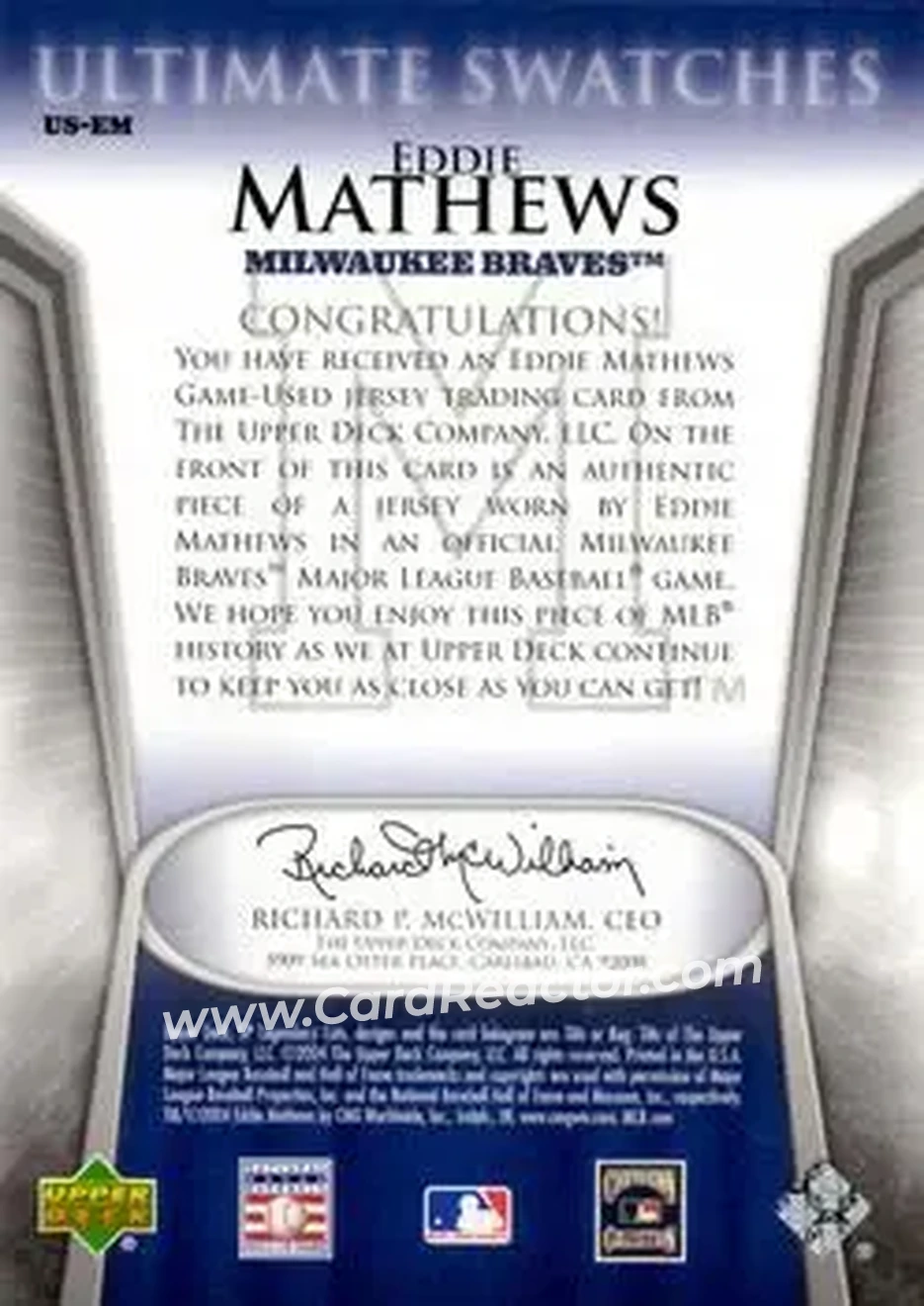 2004 SP Legendary Cuts - Ultimate Swatches #US-EM - Ed Mathews - Milwaukee Braves - Back