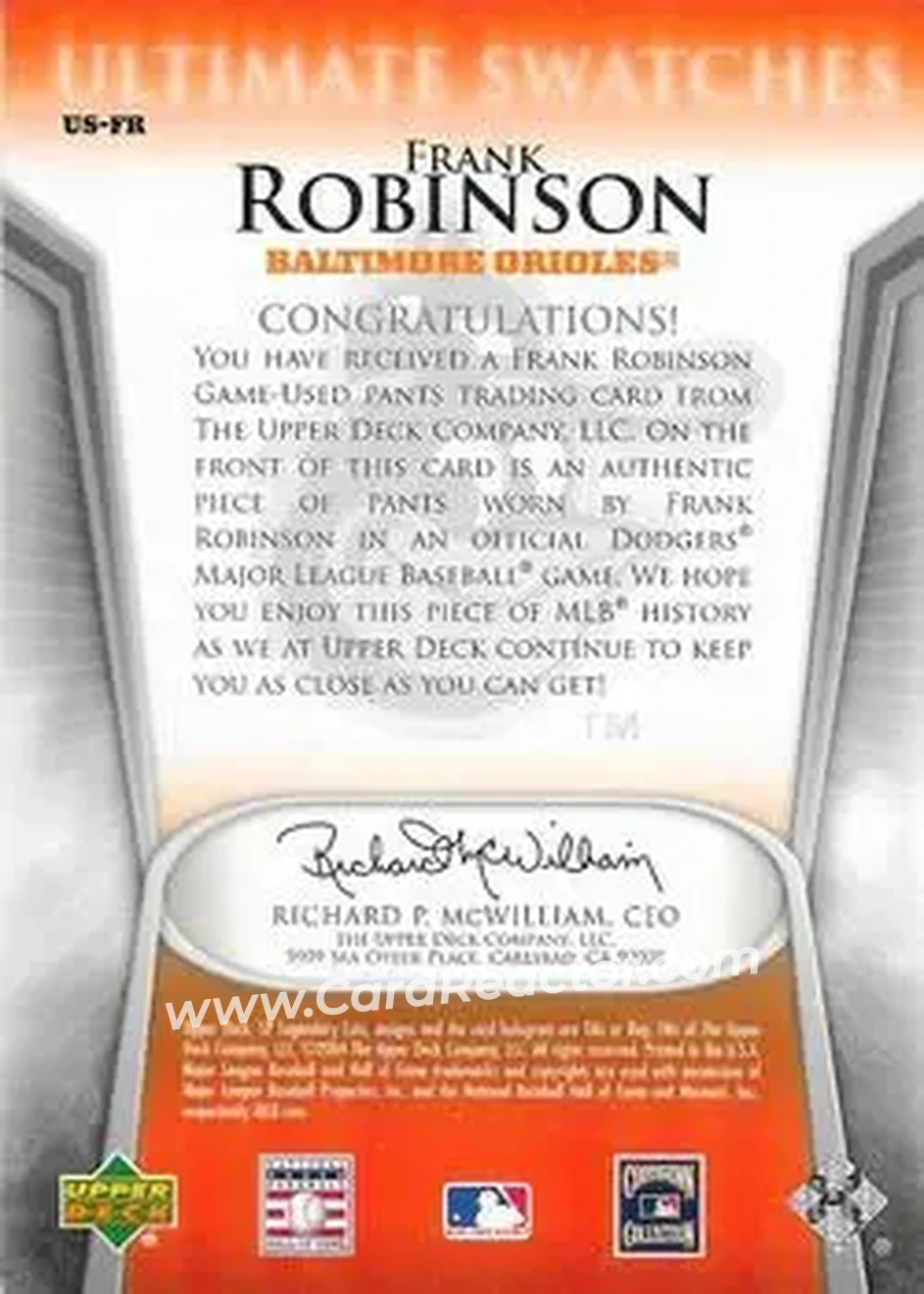 2004 SP Legendary Cuts - Ultimate Swatches #US-FR - Frank Robinson - Baltimore Orioles - Back