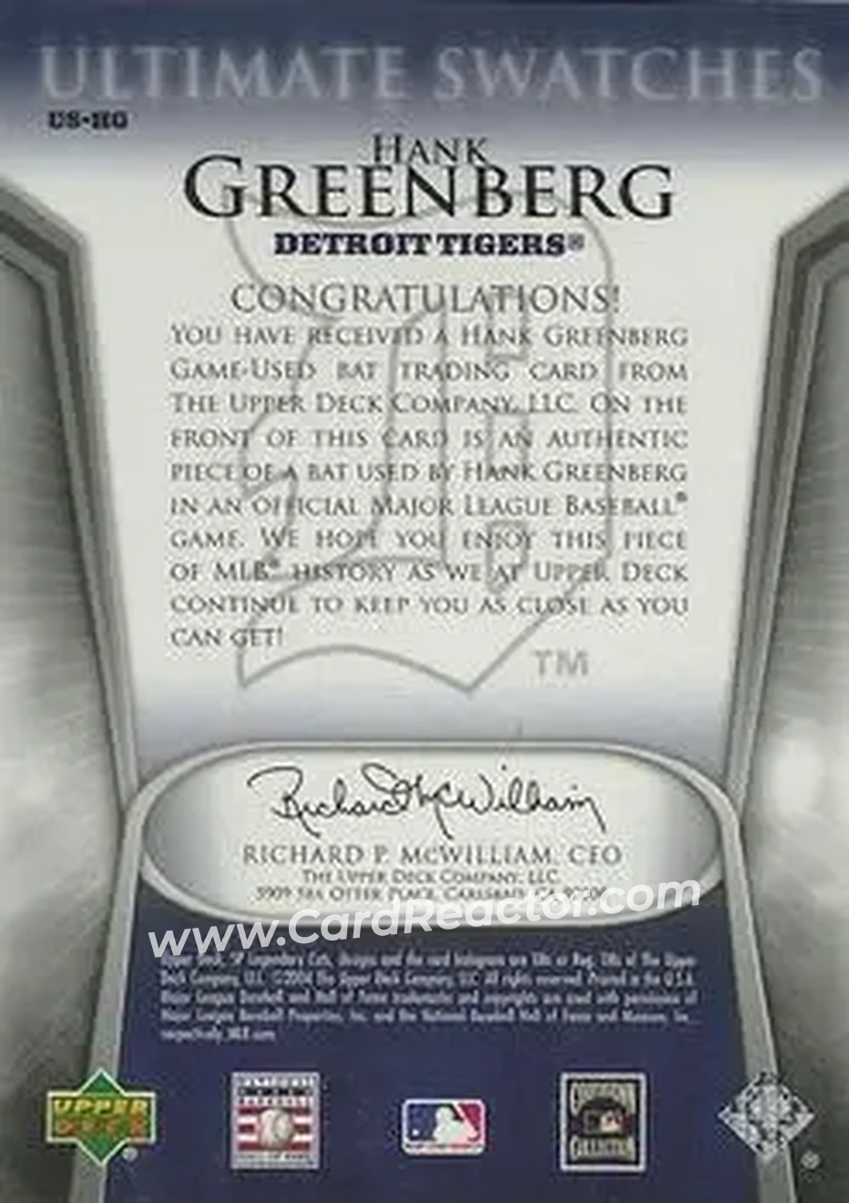 2004 SP Legendary Cuts - Ultimate Swatches #US-HG - Hank Greenberg - Detroit Tigers - Back