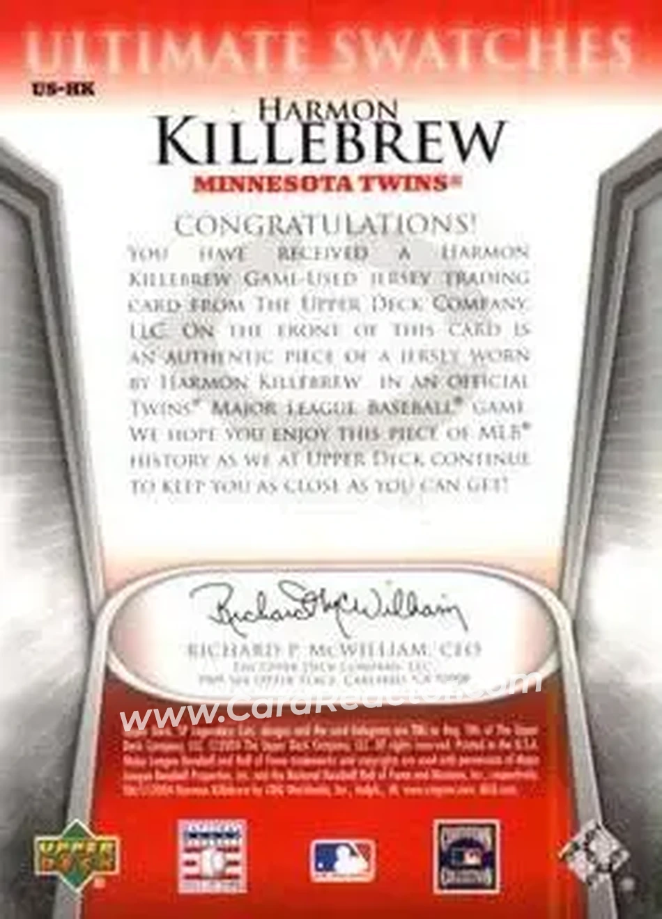 2004 SP Legendary Cuts - Ultimate Swatches #US-HK - Harmon Killebrew - Minnesota Twins - Back