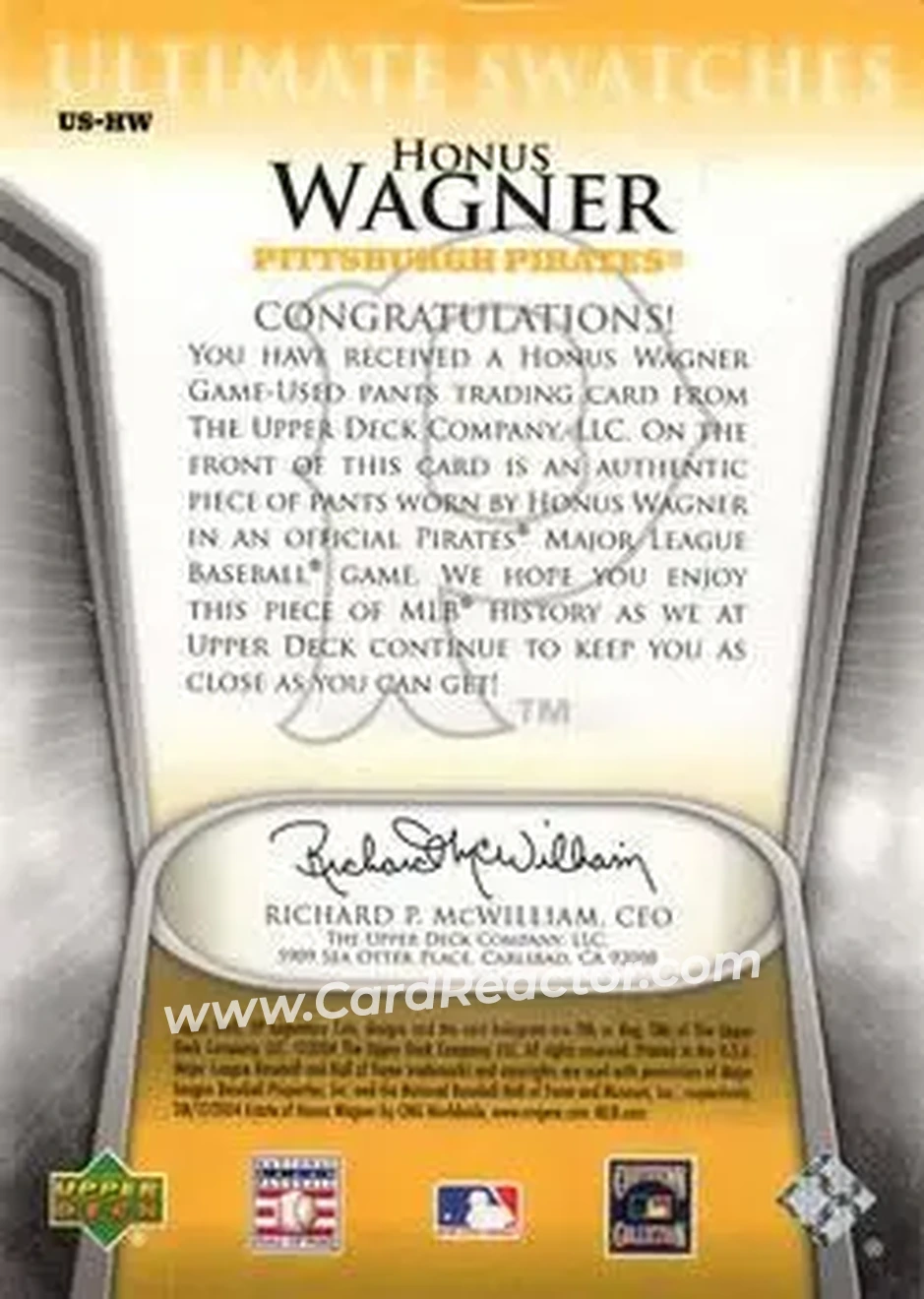 2004 SP Legendary Cuts - Ultimate Swatches #US-HW - Honus Wagner - Pittsburgh Pirates - Back