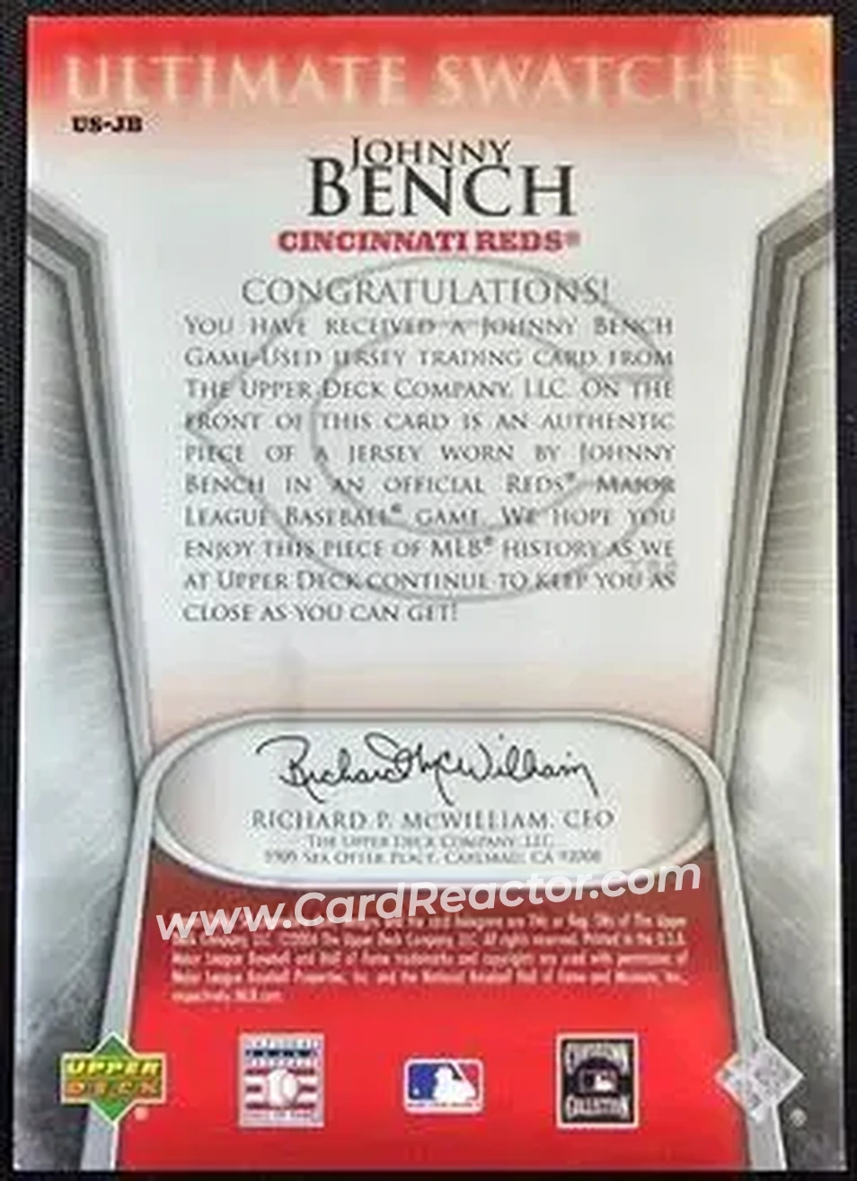 2004 SP Legendary Cuts - Ultimate Swatches #US-JB - Johnny Bench - Cincinnati Reds - Back 2004 SP Legendary Cuts - Ultimate Swatches #US-JB - Johnny Bench - Cincinnati Reds - Back