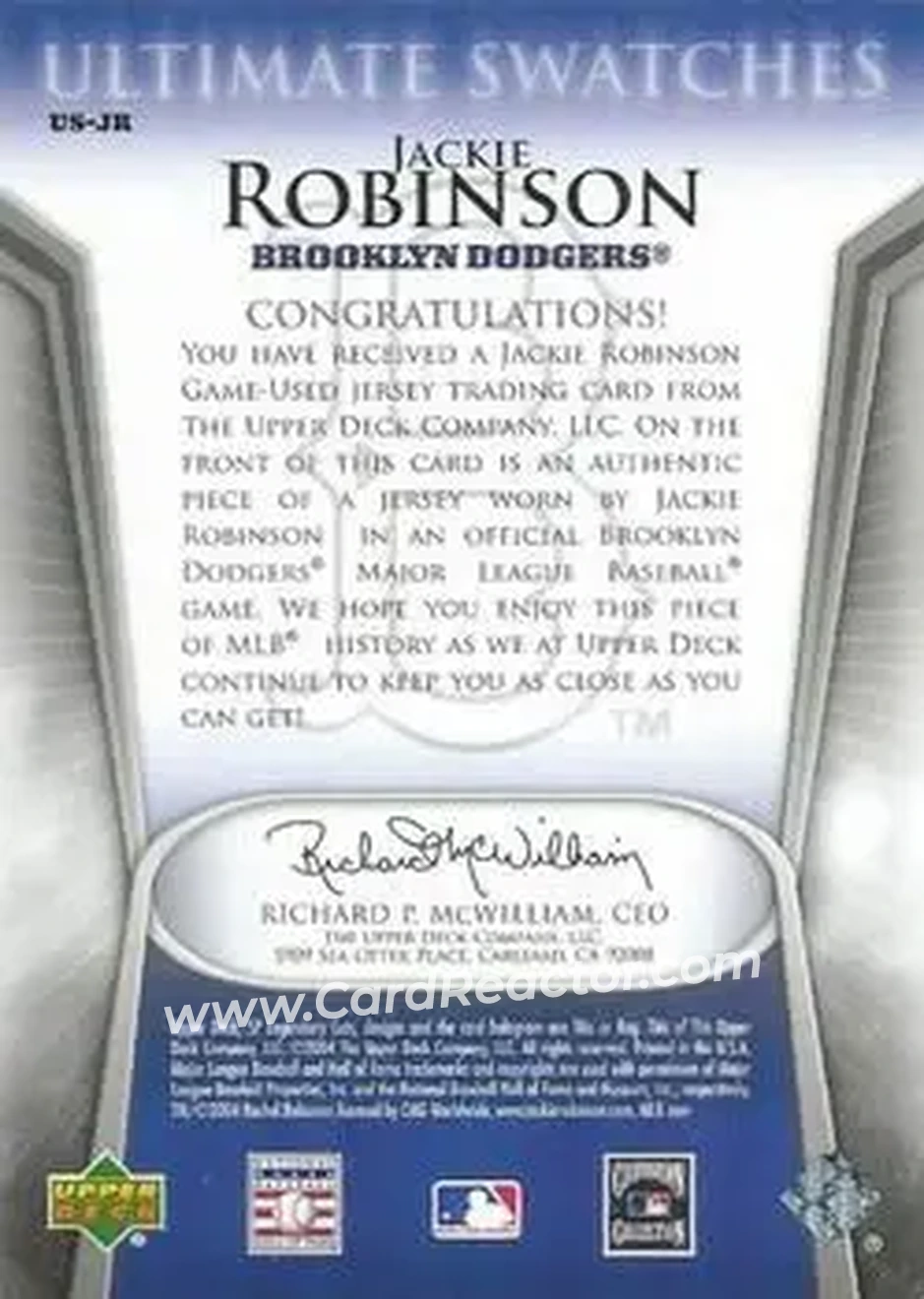 2004 SP Legendary Cuts - Ultimate Swatches #US-JR - Jackie Robinson - Brooklyn Dodgers - Back