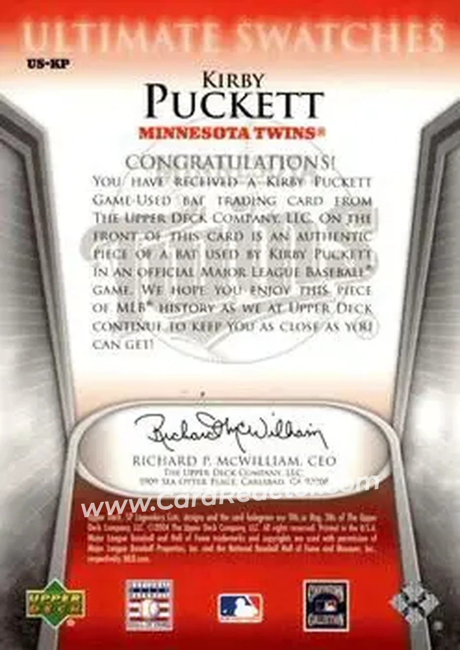2004 SP Legendary Cuts - Ultimate Swatches #US-KP - Kirby Puckett - Minnesota Twins - Back