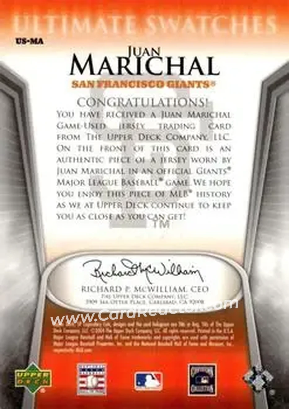 2004 SP Legendary Cuts - Ultimate Swatches #US-MA - Juan Marichal - San Francisco Giants - Back