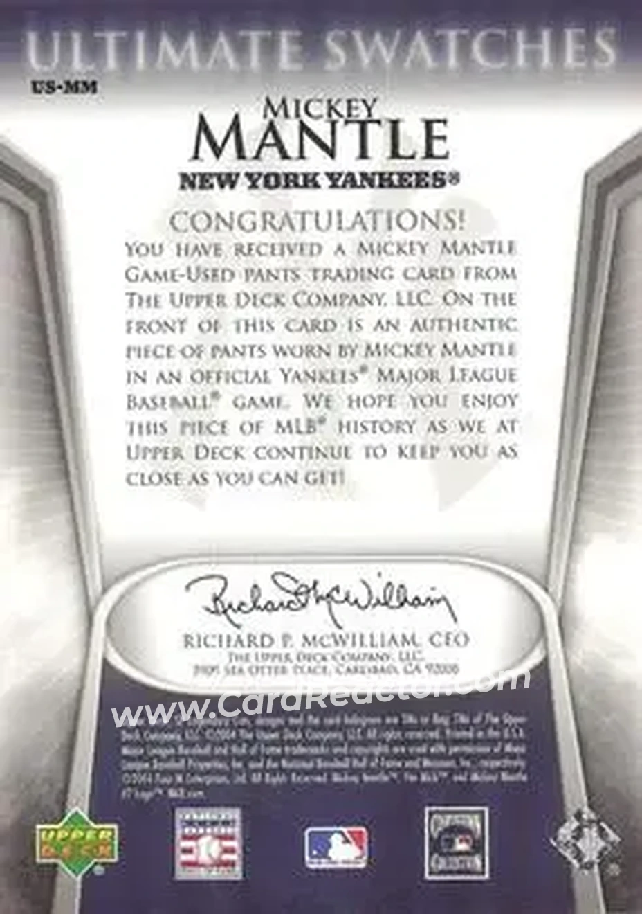 2004 SP Legendary Cuts - Ultimate Swatches #US-MM - Mickey Mantle - New York Yankees - Back 2004 SP Legendary Cuts - Ultimate Swatches #US-MM - Mickey Mantle - New York Yankees - Back