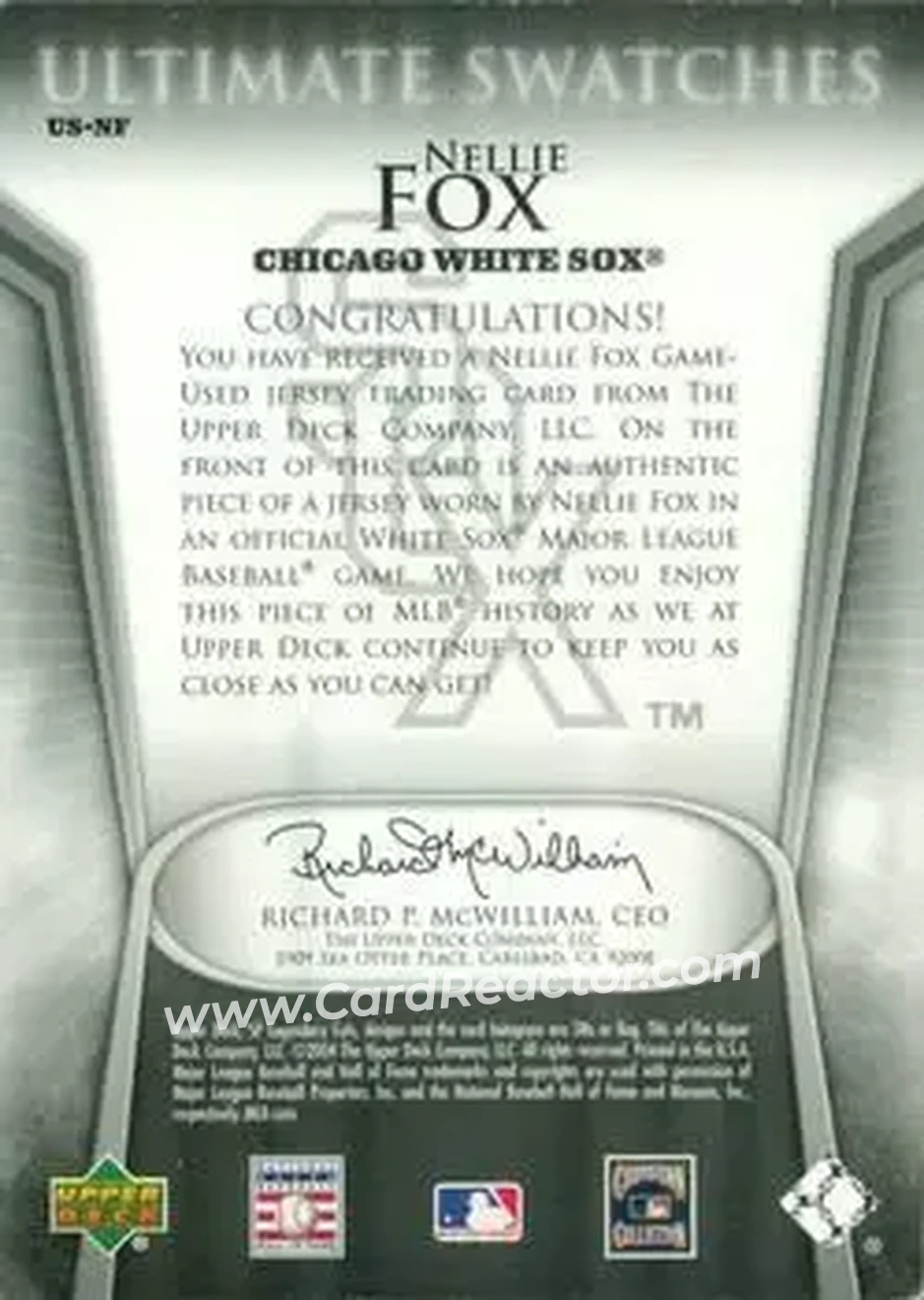 2004 SP Legendary Cuts - Ultimate Swatches #US-NF - Nelson Fox - Chicago White Sox - Back