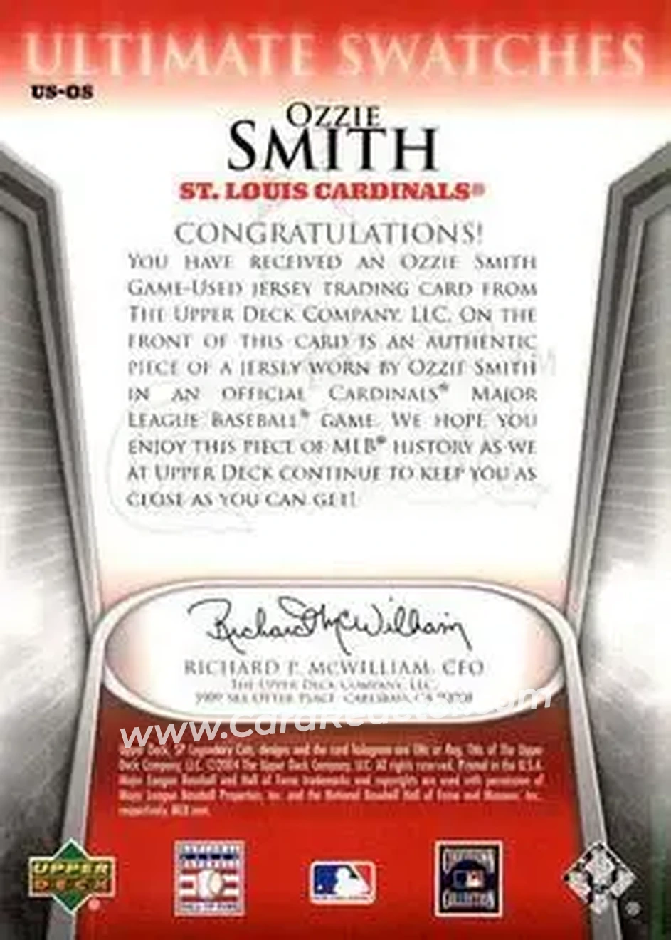 2004 SP Legendary Cuts - Ultimate Swatches #US-OS - Ozzie Smith - St. Louis Cardinals - Back