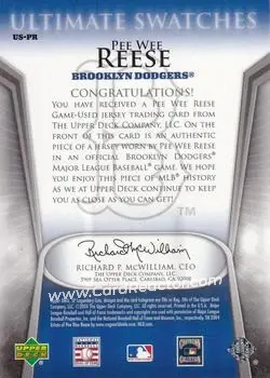 2004 SP Legendary Cuts - Ultimate Swatches #US-PR - Harold Reese - Brooklyn Dodgers - Back