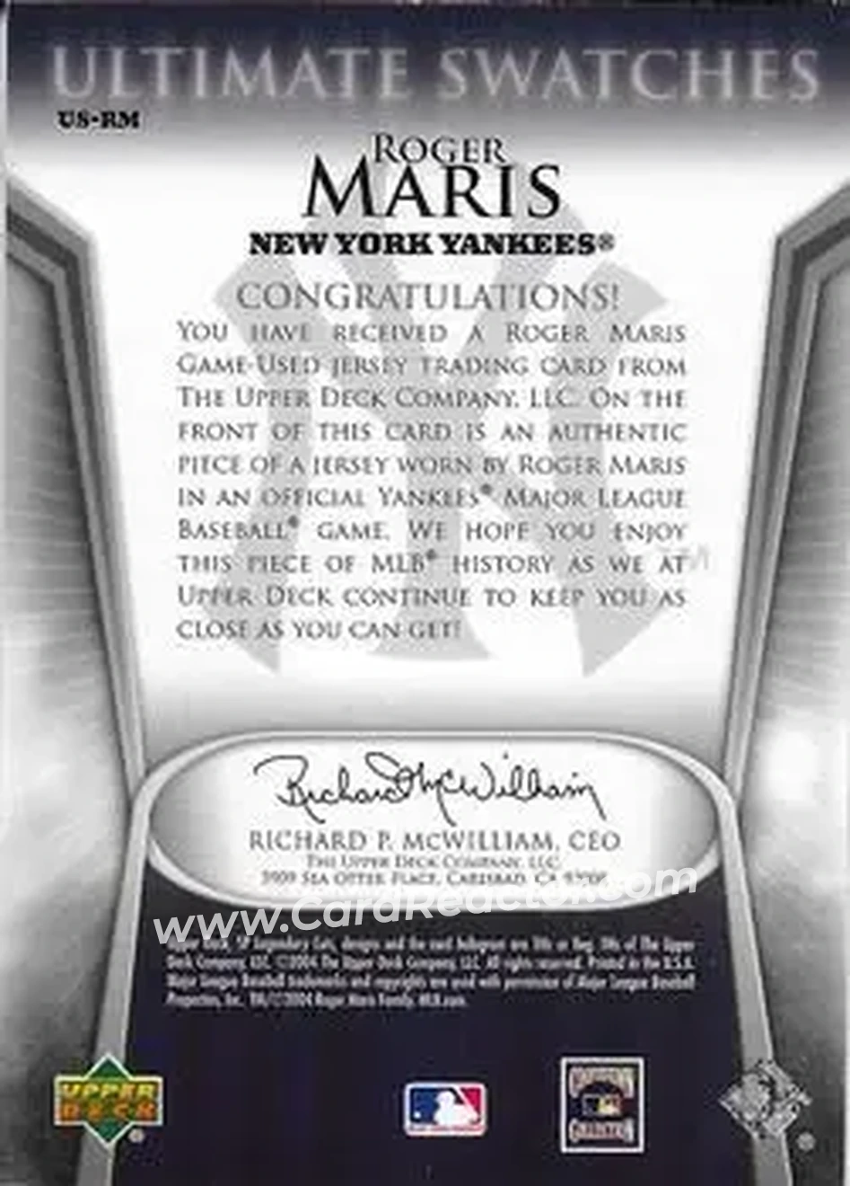 2004 SP Legendary Cuts - Ultimate Swatches #US-RM - Roger Maris - New York Yankees - Back