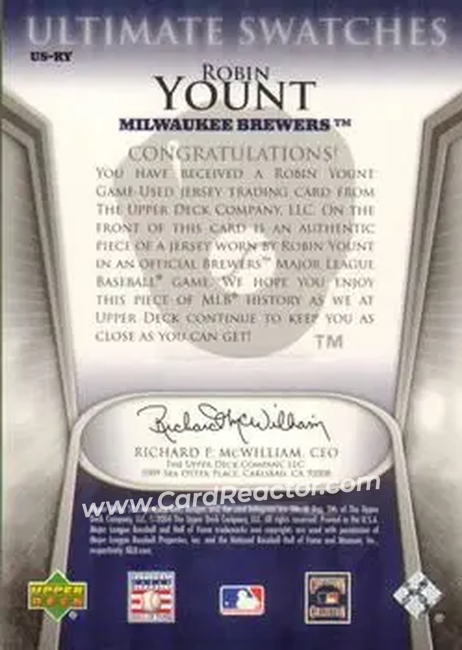 2004 SP Legendary Cuts - Ultimate Swatches #US-RY - Robin Yount - Milwaukee Brewers - Back