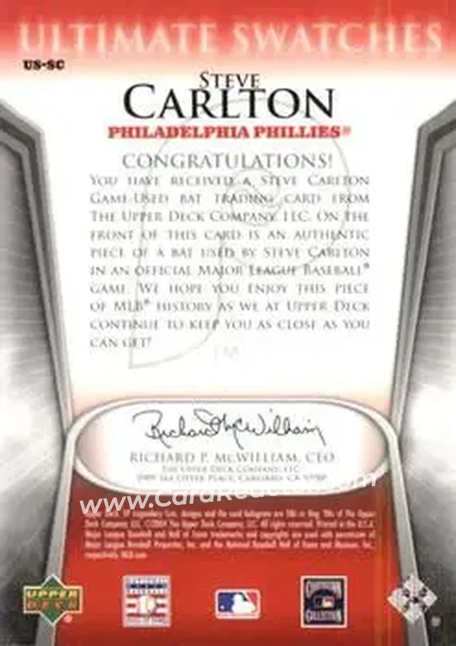 2004 SP Legendary Cuts - Ultimate Swatches #US-SC - Steve Carlton - Philadelphia Phillies - Back