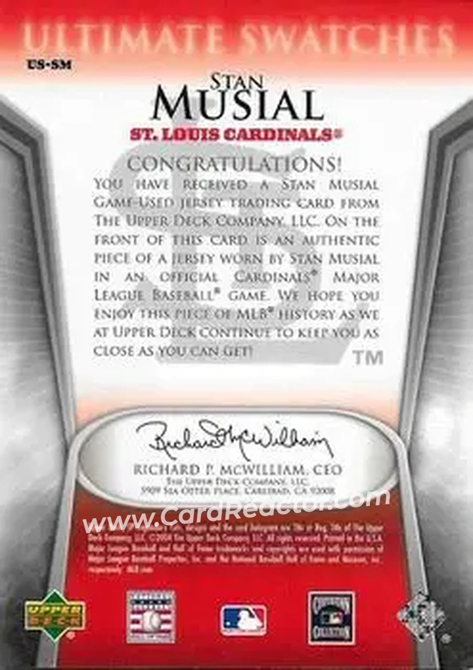 2004 SP Legendary Cuts - Ultimate Swatches #US-SM - Stan Musial - St. Louis Cardinals - Back
