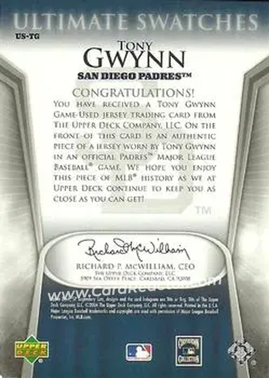 2004 SP Legendary Cuts - Ultimate Swatches #US-TG - Tony Gwynn - San Diego Padres - Back
