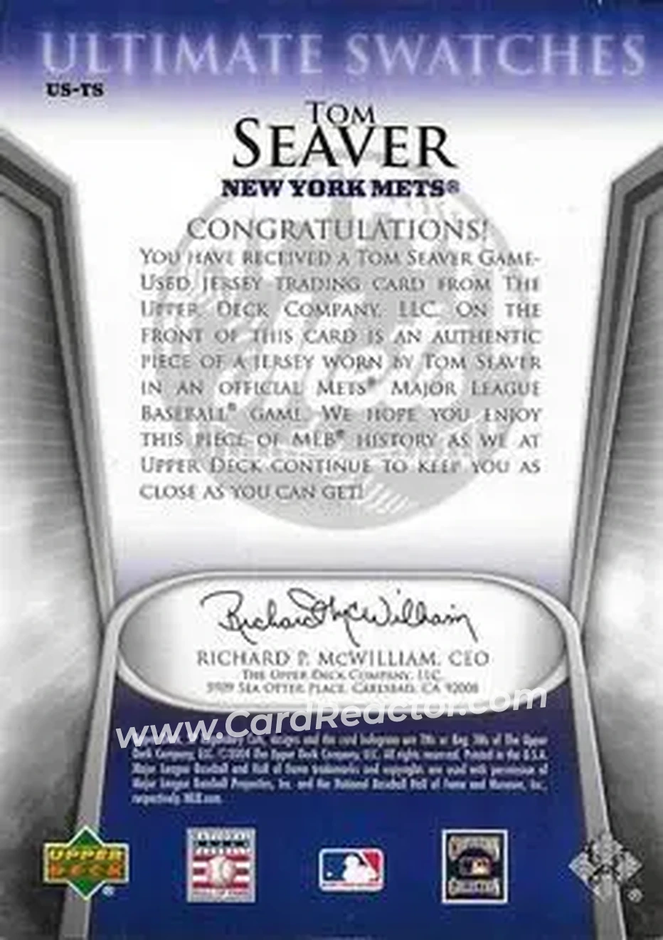 2004 SP Legendary Cuts - Ultimate Swatches #US-TS - Tom Seaver - New York Mets - Back