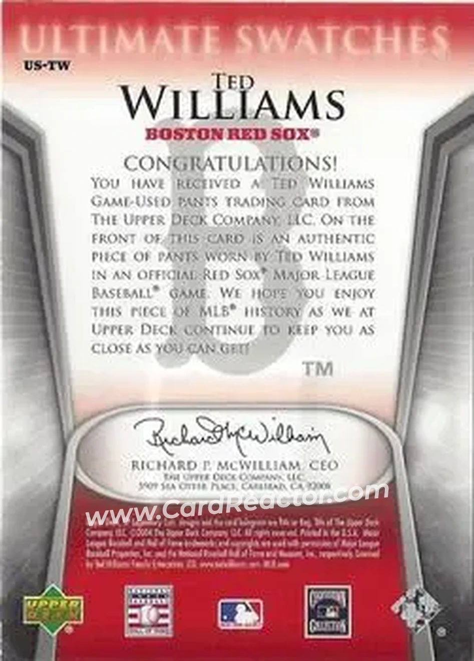2004 SP Legendary Cuts - Ultimate Swatches #US-TW - Ted Williams - Boston Red Sox - Back