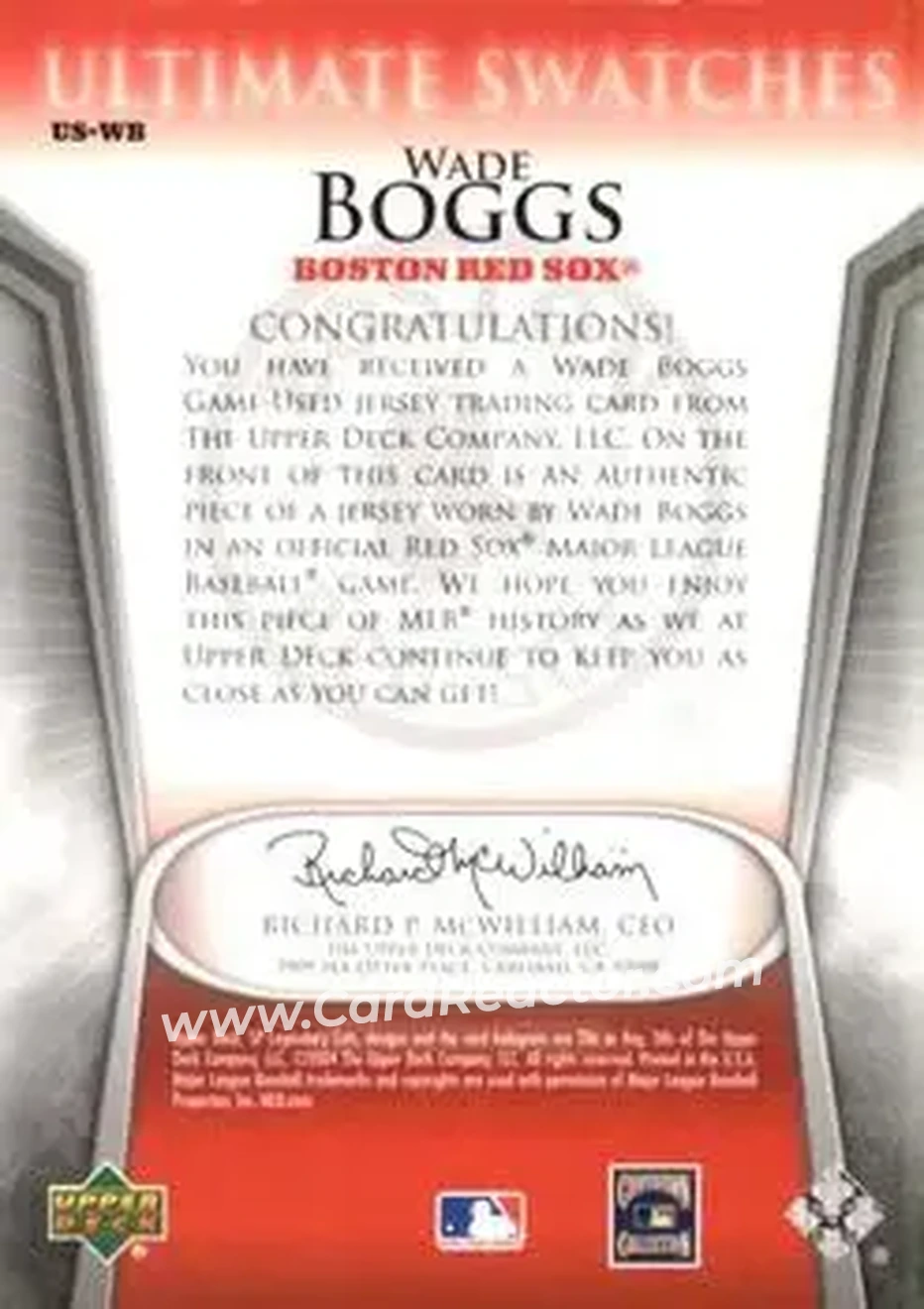 2004 SP Legendary Cuts - Ultimate Swatches #US-WB - Wade Boggs - Boston Red Sox - Back