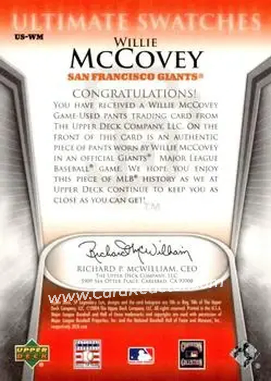 2004 SP Legendary Cuts - Ultimate Swatches #US-WM - Willie McCovey - San Francisco Giants - Back