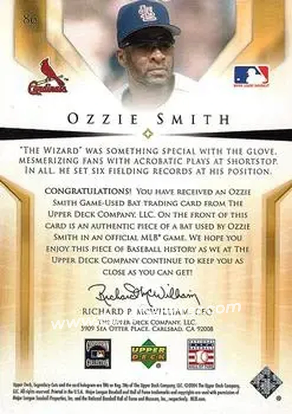 2004 SP Legendary Cuts - Significant Fact Memorabilia #86 - Ozzie Smith - St. Louis Cardinals - Back