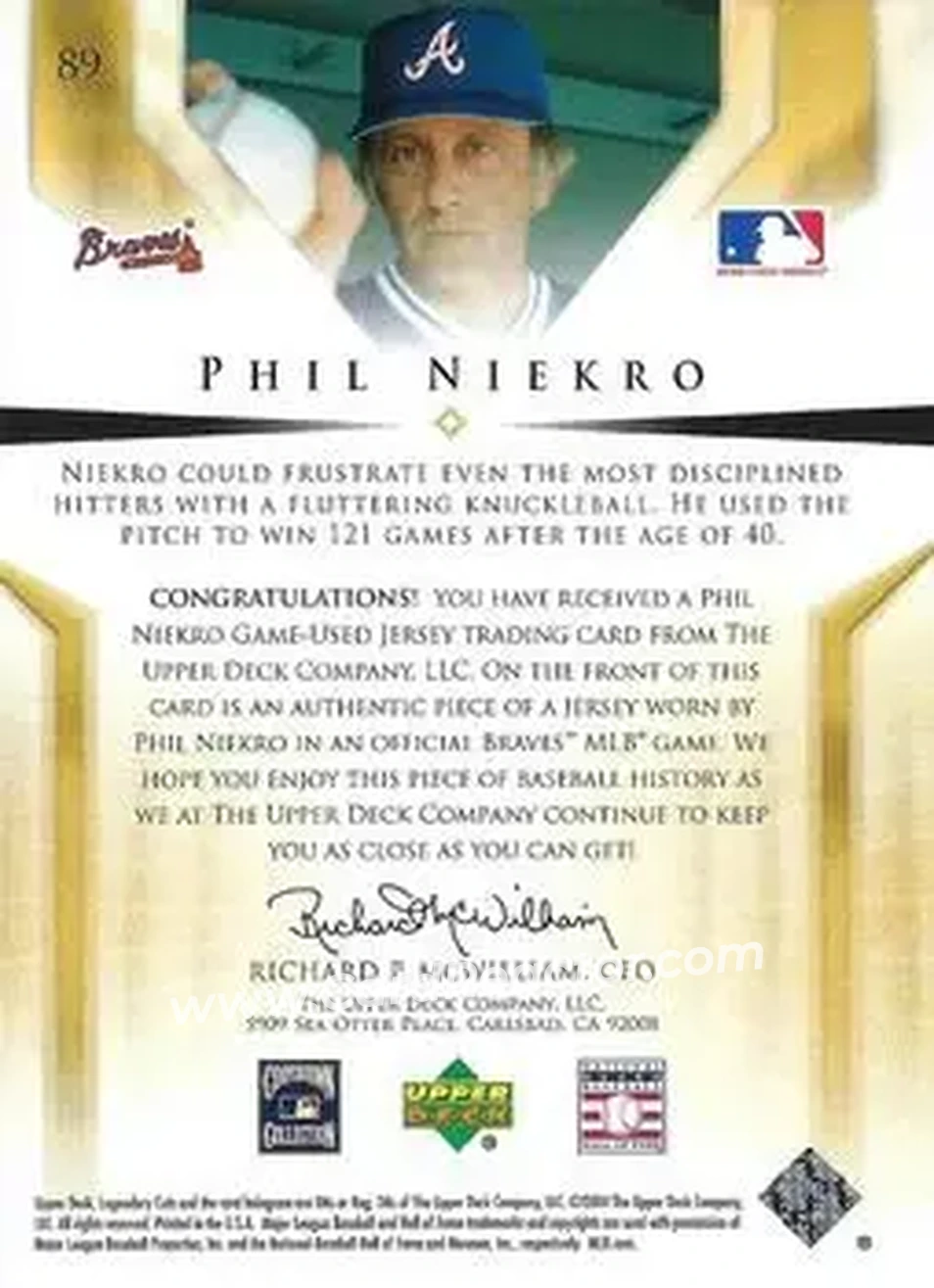 2004 SP Legendary Cuts - Significant Fact Memorabilia #89 - Phil Niekro - Atlanta Braves - Back 2004 SP Legendary Cuts - Significant Fact Memorabilia #89 - Phil Niekro - Atlanta Braves - Back