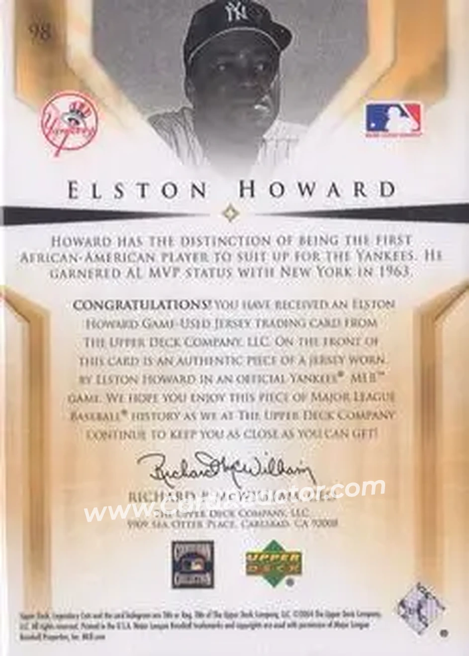 2004 SP Legendary Cuts - Significant Fact Memorabilia #98 - Elston Howard - New York Yankees - Back 2004 SP Legendary Cuts - Significant Fact Memorabilia #98 - Elston Howard - New York Yankees - Back