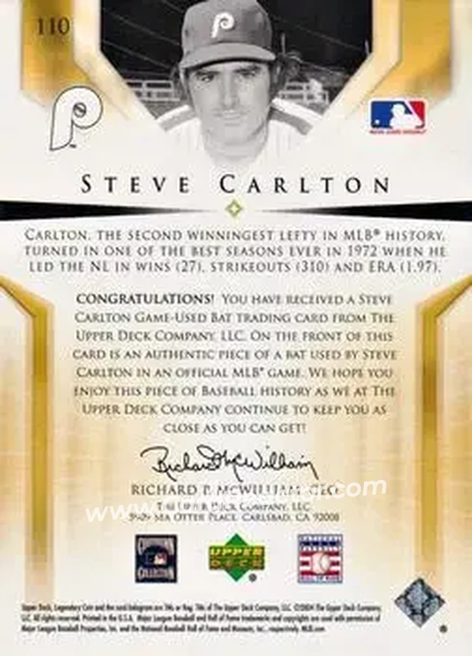 2004 SP Legendary Cuts - Significant Fact Memorabilia #110 - Steve Carlton - Philadelphia Phillies - Back 2004 SP Legendary Cuts - Significant Fact Memorabilia #110 - Steve Carlton - Philadelphia Phillies - Back