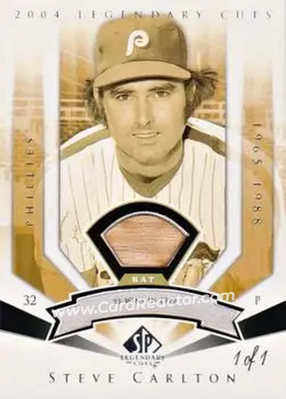 2004 SP Legendary Cuts - Significant Fact Memorabilia #110 - Steve Carlton - Philadelphia Phillies - Front 2004 SP Legendary Cuts - Significant Fact Memorabilia #110 - Steve Carlton - Philadelphia Phillies - Front
