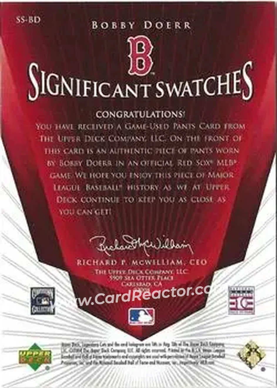 2004 SP Legendary Cuts - Significant Swatches #SS-BD - Bobby Doerr - Boston Red Sox - Back