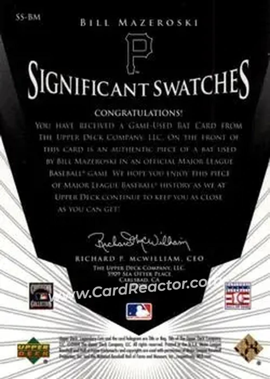 2004 SP Legendary Cuts - Significant Swatches #SS-BM - Bill Mazeroski - Pittsburgh Pirates - Back