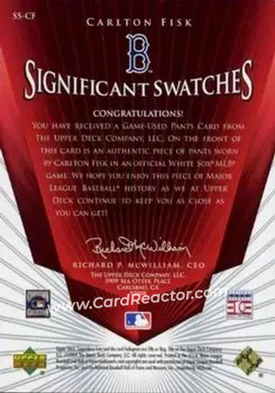 2004 SP Legendary Cuts - Significant Swatches #SS-CF - Carlton Fisk - Boston Red Sox - Back