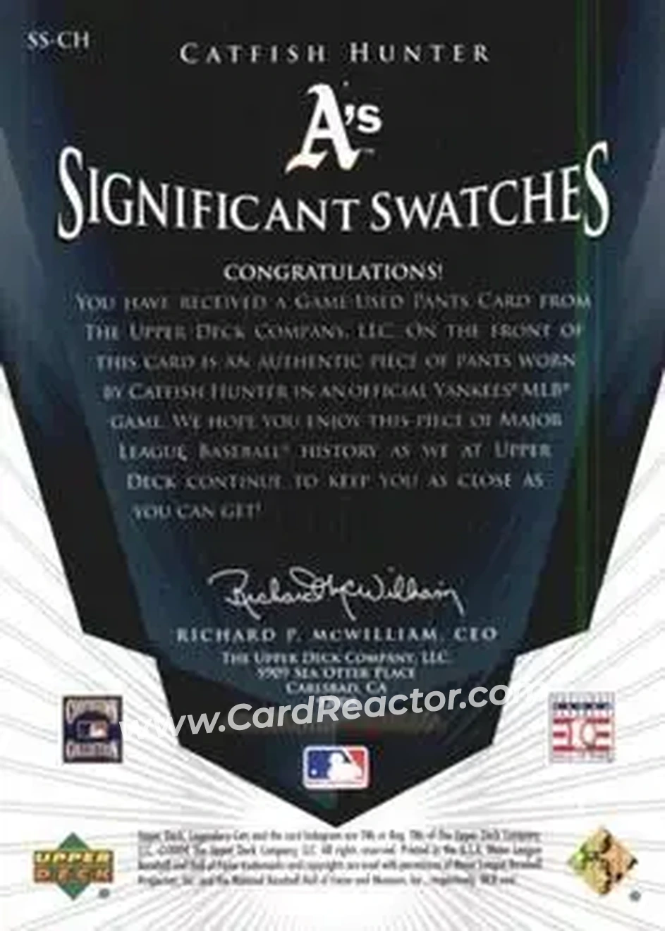2004 SP Legendary Cuts - Significant Swatches #SS-CH - Jim Hunter - Oakland Athletics - Back 2004 SP Legendary Cuts - Significant Swatches #SS-CH - Jim Hunter - Oakland Athletics - Back