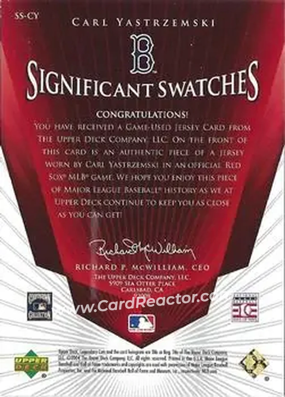 2004 SP Legendary Cuts - Significant Swatches #SS-CY - Carl Yastrzemski - Boston Red Sox - Back