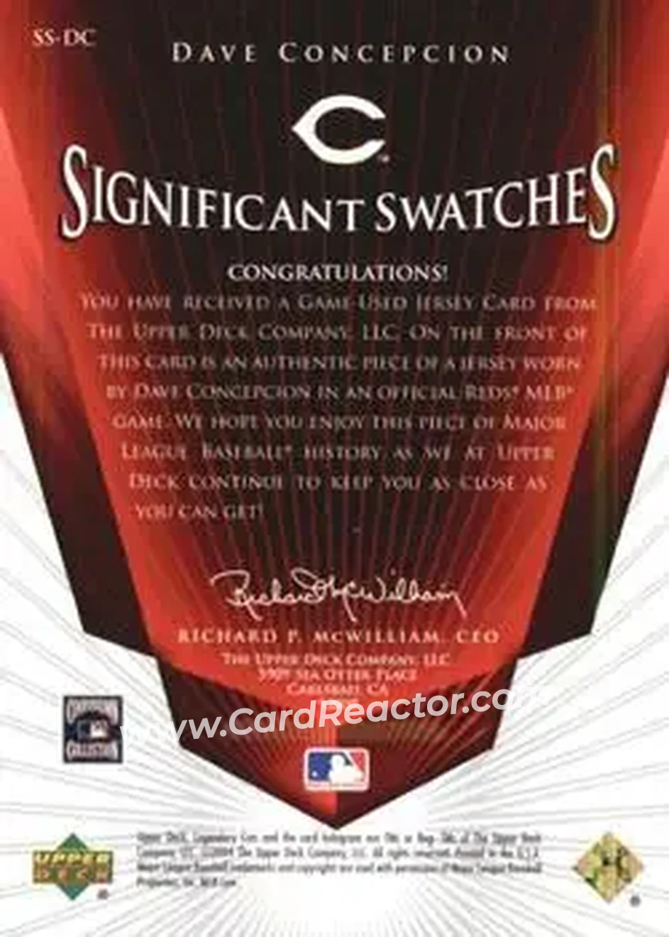 2004 SP Legendary Cuts - Significant Swatches #SS-DC - Dave Concepcion - Cincinnati Reds - Back