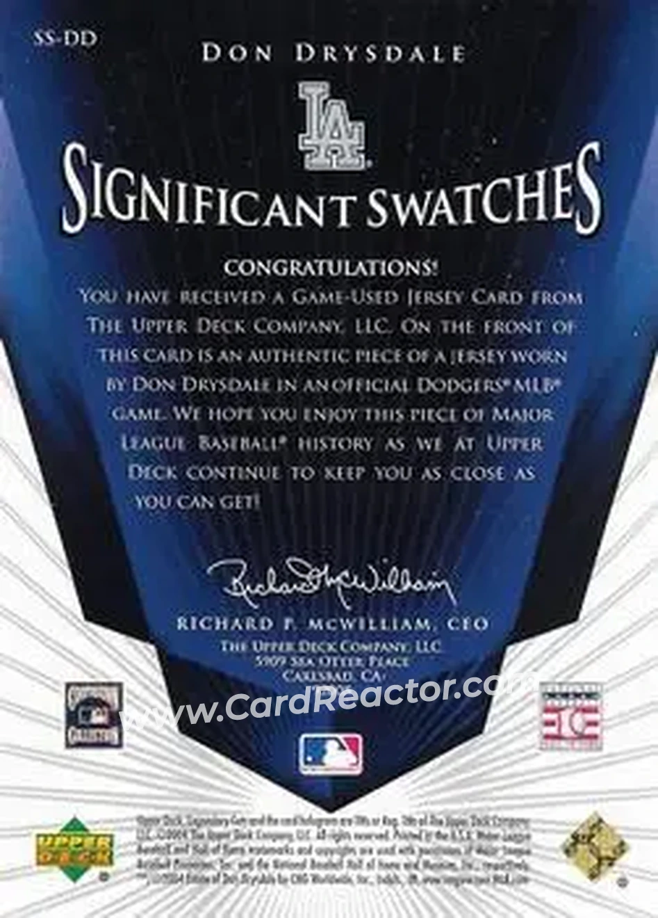 2004 SP Legendary Cuts - Significant Swatches #SS-DD - Don Drysdale - Los Angeles Dodgers - Back
