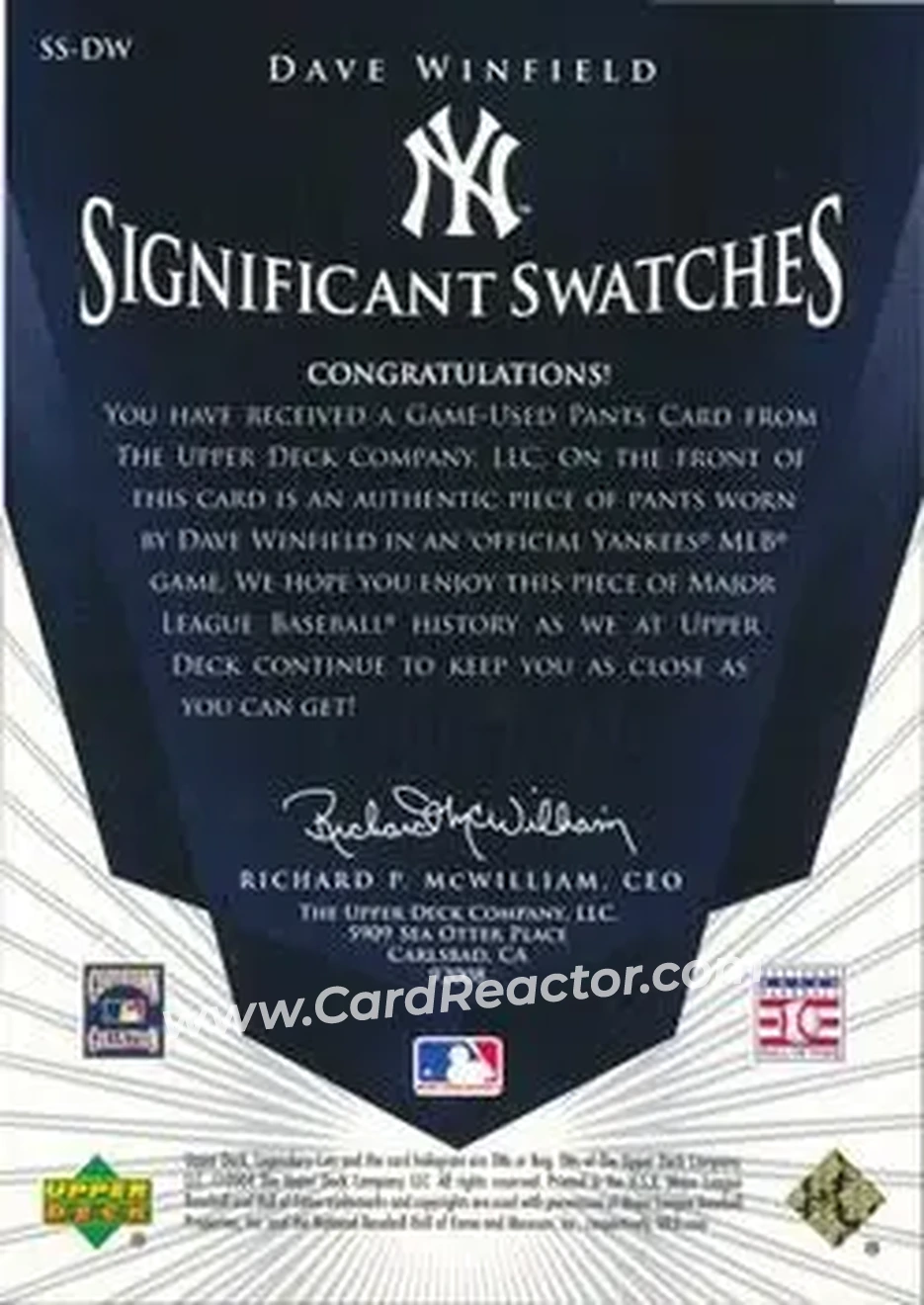 2004 SP Legendary Cuts - Significant Swatches #SS-DW - Dave Winfield - New York Yankees - Back 2004 SP Legendary Cuts - Significant Swatches #SS-DW - Dave Winfield - New York Yankees - Back