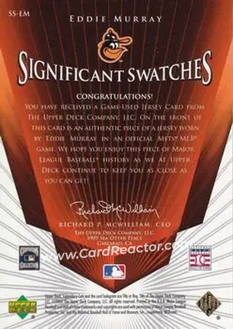 2004 SP Legendary Cuts - Significant Swatches #SS-EM - Eddie Murray - Baltimore Orioles - Back