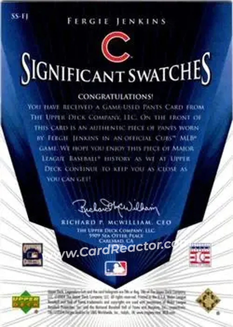 2004 SP Legendary Cuts - Significant Swatches #SS-FJ - Ferguson Jenkins - Chicago Cubs - Back 2004 SP Legendary Cuts - Significant Swatches #SS-FJ - Ferguson Jenkins - Chicago Cubs - Back