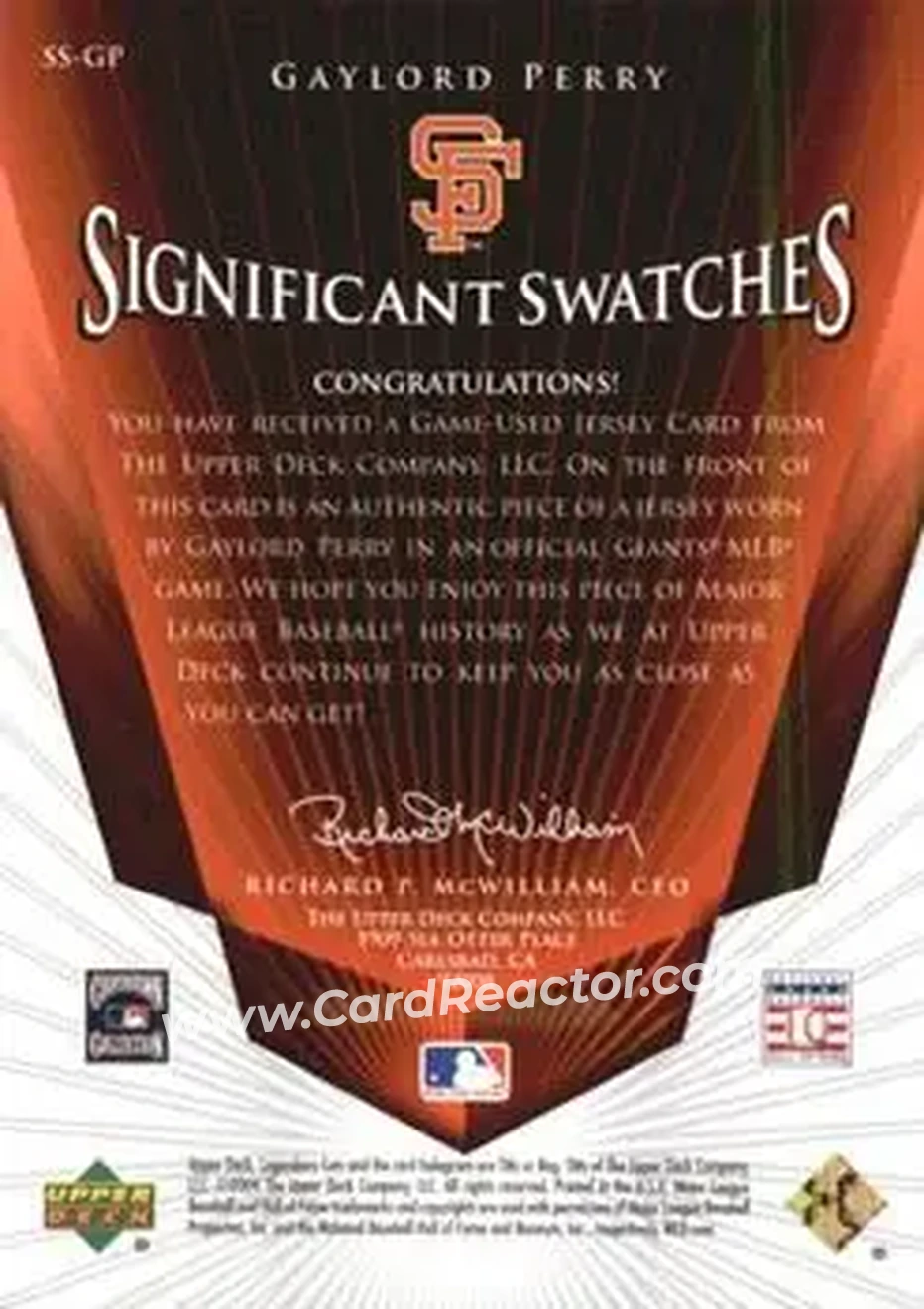 2004 SP Legendary Cuts - Significant Swatches #SS-GP - Gaylord Perry - San Francisco Giants - Back