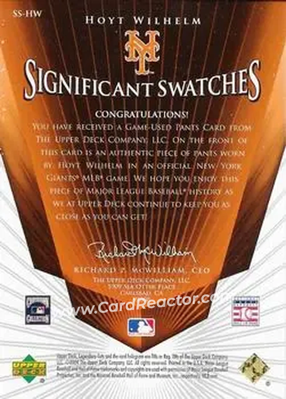 2004 SP Legendary Cuts - Significant Swatches #SS-HW - Hoyt Wilhelm - New York Giants - Back