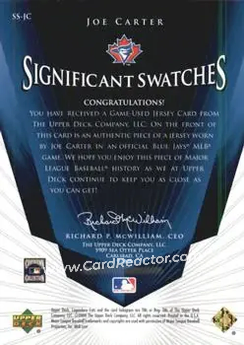 2004 SP Legendary Cuts - Significant Swatches #SS-JC - Joe Carter - Toronto Blue Jays - Back