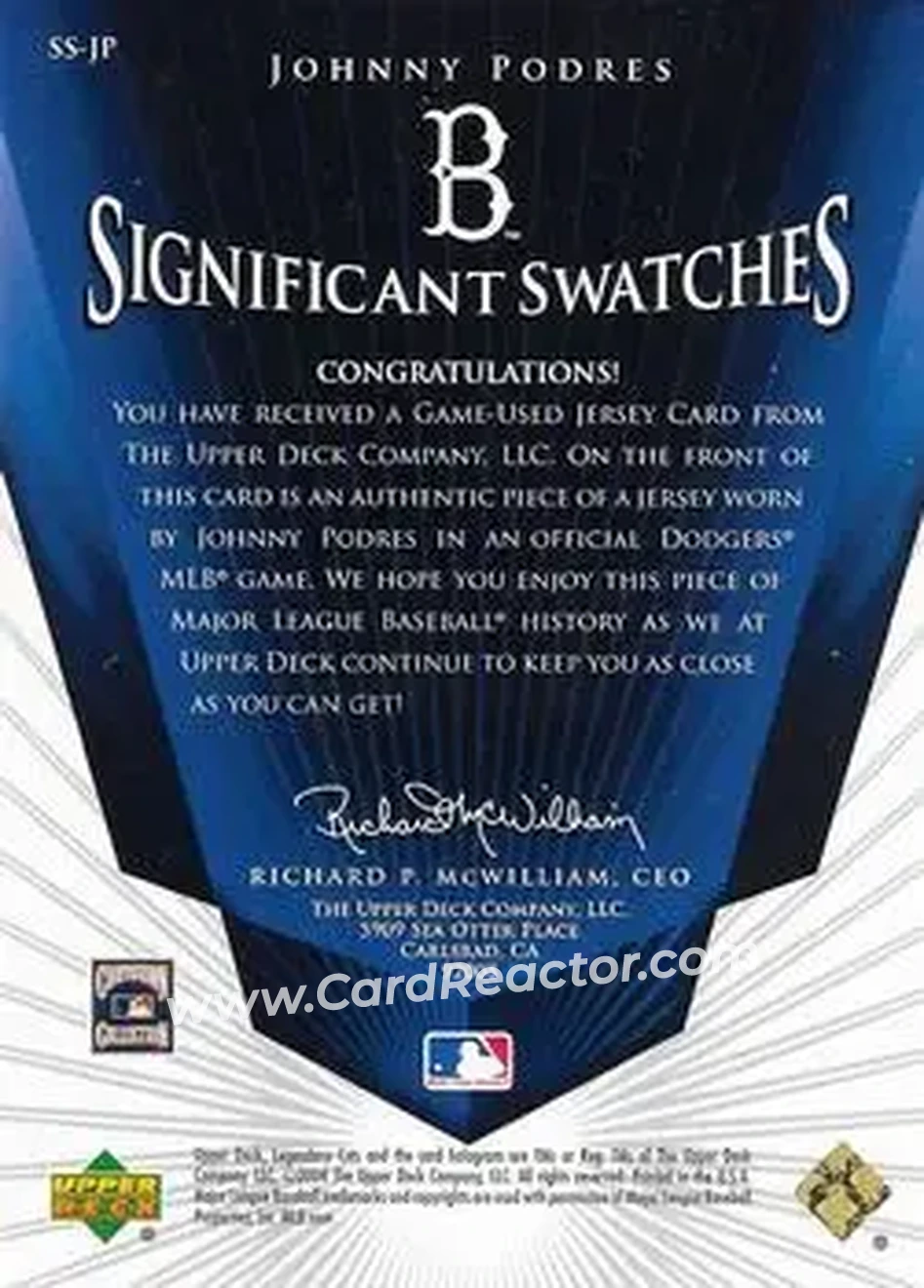 2004 SP Legendary Cuts - Significant Swatches #SS-JP - Johnny Podres - Brooklyn Dodgers - Back