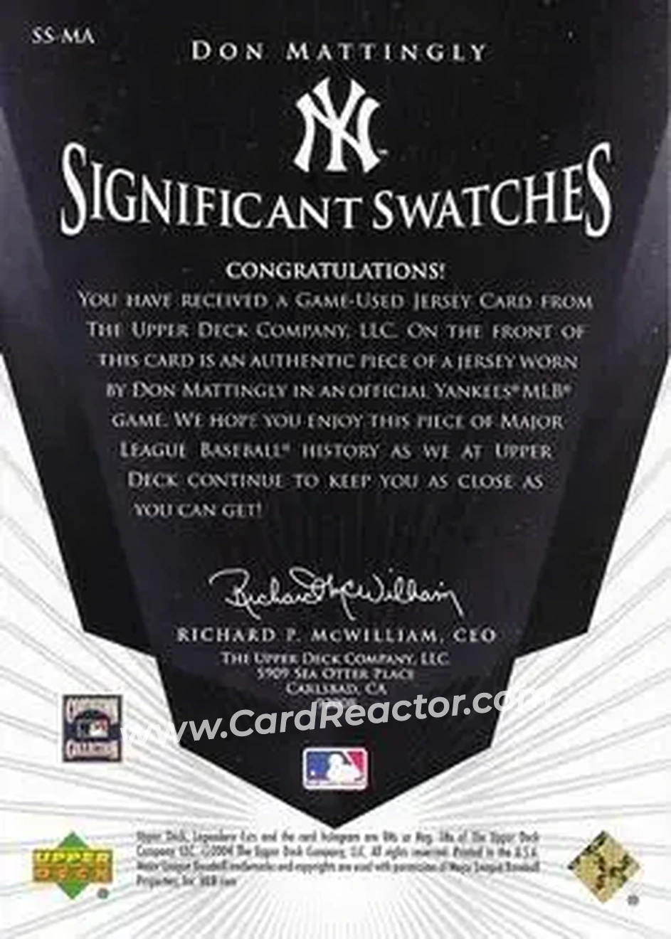 2004 SP Legendary Cuts - Significant Swatches #SS-MA - Don Mattingly - New York Yankees - Back